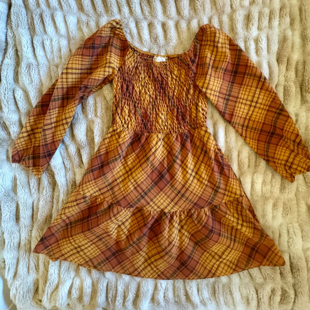 btween Mustard and Rust Plaid Smocked Puff-Sleeve Dress